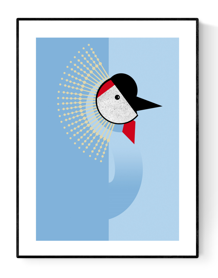 Minimalist modern crane bird illustration by Studio Frits, featuring bold geometric shapes and soft blue tones with red and black accents. A Scandinavian-inspired art print perfect for contemporary interiors and bird art collectors. Available at Galerie Frits