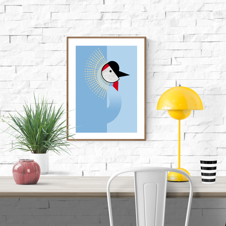 Minimalist modern crane bird illustration by Studio Frits, featuring bold geometric shapes and soft blue tones with red and black accents. A Scandinavian-inspired art print perfect for contemporary interiors and bird art collectors. Available at Galerie Frits