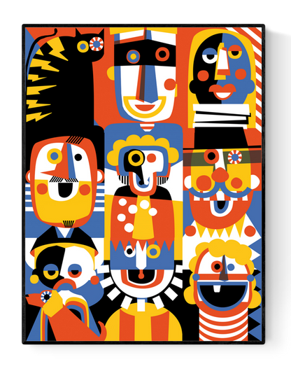 "Family Portrait" by Studio Frits – colorful abstract illustration of whimsical, geometric faces in a bold pop-art style, featuring vibrant red, blue, yellow, and black tones, ideal for modern interiors and collectors of playful contemporary art, available at Galerie Frits