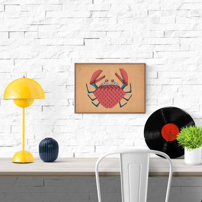 Whimsical art print ‘Desmond Crab’ by Studio Frits featuring a quirky red crab with newspaper eyes and geometric textures. Playful wall decor for ocean lovers, children's rooms, or eclectic interior spaces. Available at Galerie Frits