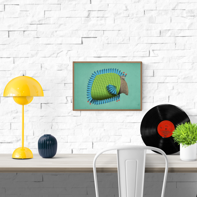 "Edith la Poissonne" art print by Studio Frits – whimsical digital illustration of a stylized green fish with blue spines, newspaper-textured face, and red accents, perfect for modern interiors, kids' decor, and lovers of quirky aquatic art, available at Galerie Frits