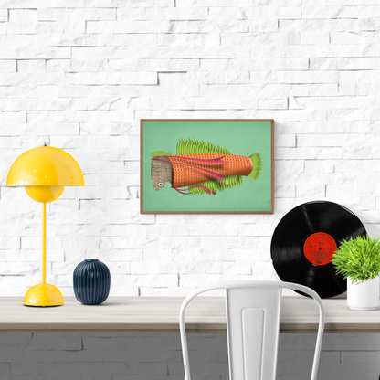 "Eduard the Fish" art print by Studio Frits – imaginative digital illustration of an orange and green stylized fish with textured scales, vibrant fins, and a newspaper-textured head, perfect for modern art lovers and playful home decor, available at Galerie Frits.
