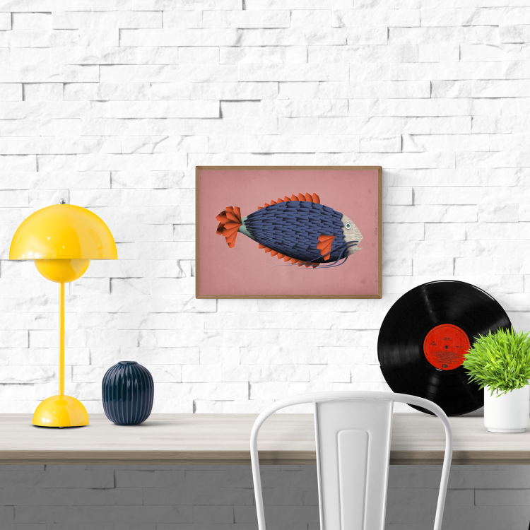 "Emile le Poisson" art print by Studio Frits – whimsical illustration of a stylized fish with a newspaper-textured face, vibrant orange fins, and deep blue scales on a pink background, perfect for eclectic wall art collectors and marine-themed interior decor, available at Galerie Frits