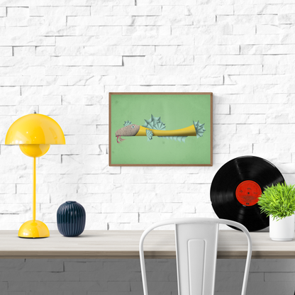 Whimsical illustration of a yellow fish with a newspaper-textured face and spiky blue fins on a green background – Fishy Frank art print by Studio Frits, perfect for playful wall decor and ocean-themed interiors, available at Galerie Frits