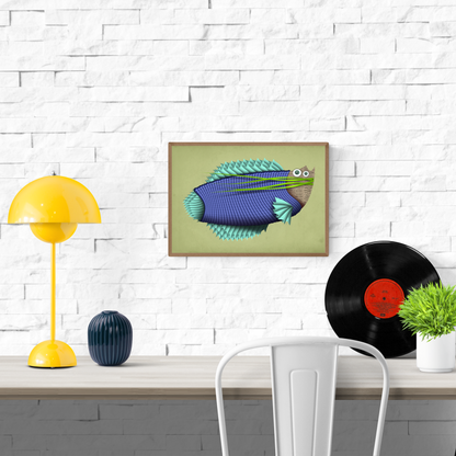 Whimsical fish illustration titled 'Helmut Von Fish' by Studio Frits – vibrant A4 art print featuring a quirky blue and green fish with textured scales and newspaper collage elements, printed on 300g Belgian paper.