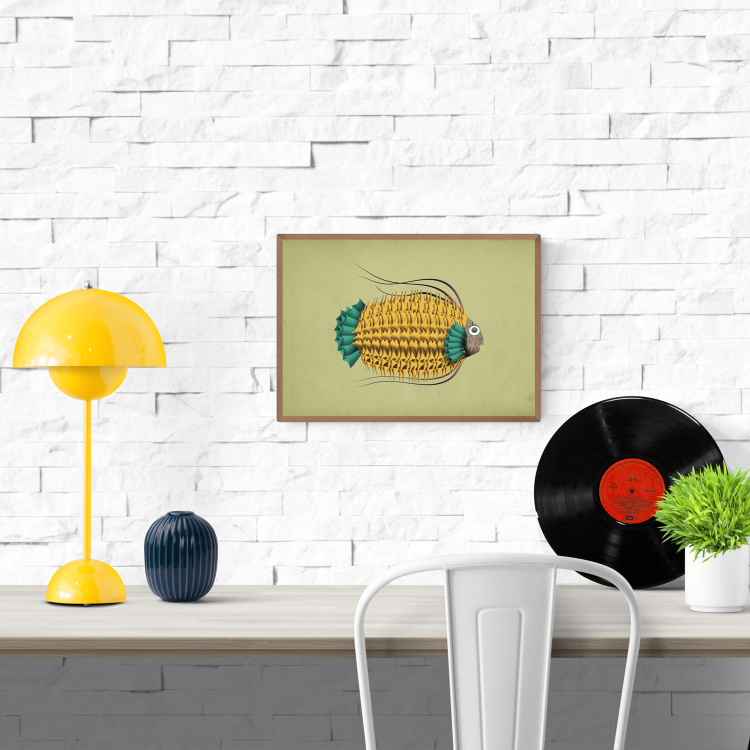 A4 art print titled Leon Le Poisson by Studio Frits – illustration of a yellow and teal fish with rich texture and whimsical details, printed on 300g paper, made in Belgium.