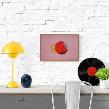 Playful digital illustration of a quirky red fish with yellow fins on a pink background – Manuel Pescado by Studio Frits, 21 x 29.7 cm Belgian art print.