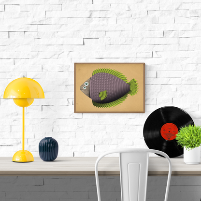 Colorful digital illustration of a geometric purple fish with green fins and wide cartoon eyes – Margot Fish by Studio Frits, Belgian A4 art print on heavyweight paper.