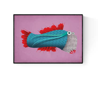 Colorful illustration of a whimsical blue fish with bright red fins and a newspaper-style face on a purple background – Moushanokouji Fish by Studio Frits, A4 art print made in Belgium.