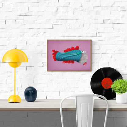 Colorful illustration of a whimsical blue fish with bright red fins and a newspaper-style face on a purple background – Moushanokouji Fish by Studio Frits, A4 art print made in Belgium.