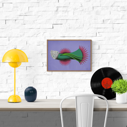 Whimsical fish illustration with newspaper-text face, pink fins, and green-scaled body on lavender background – Prunelle Poisson by Studio Frits, A4 art print made in Belgium.