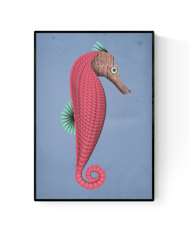 Whimsical art print of a stylized pink and brown seahorse named Stanley, designed by Studio Frits, with a coiled tail, mint green fins, and a newspaper-textured head on a soft blue background. Printed in Belgium on sturdy A4 paper—perfect for children’s rooms, coastal decor, or lovers of surreal marine illustrations.