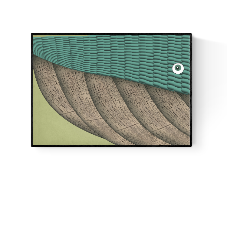 Surreal A4 art print titled Terrence the Whale by Studio Frits, featuring a stylized whale made of overlapping newspaper textures and teal scales on a soft green background. Printed on thick 300g paper in Belgium. Perfect for quirky and minimalist interior decor.