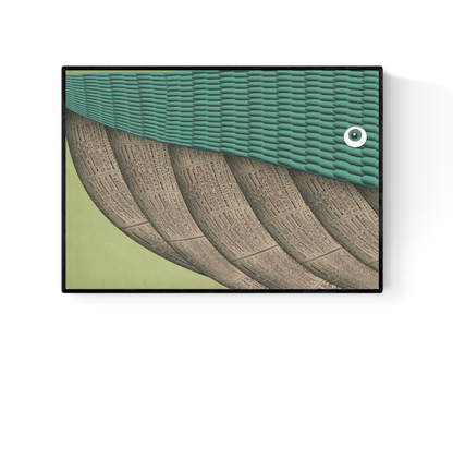 Surreal A4 art print titled Terrence the Whale by Studio Frits, featuring a stylized whale made of overlapping newspaper textures and teal scales on a soft green background. Printed on thick 300g paper in Belgium. Perfect for quirky and minimalist interior decor.