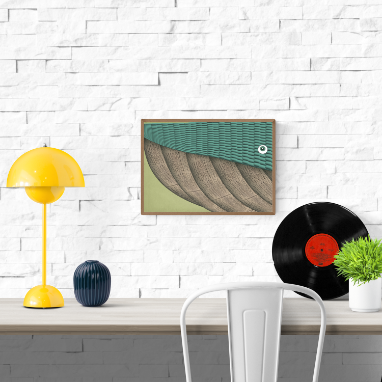 Surreal A4 art print titled Terrence the Whale by Studio Frits, featuring a stylized whale made of overlapping newspaper textures and teal scales on a soft green background. Printed on thick 300g paper in Belgium. Perfect for quirky and minimalist interior decor.