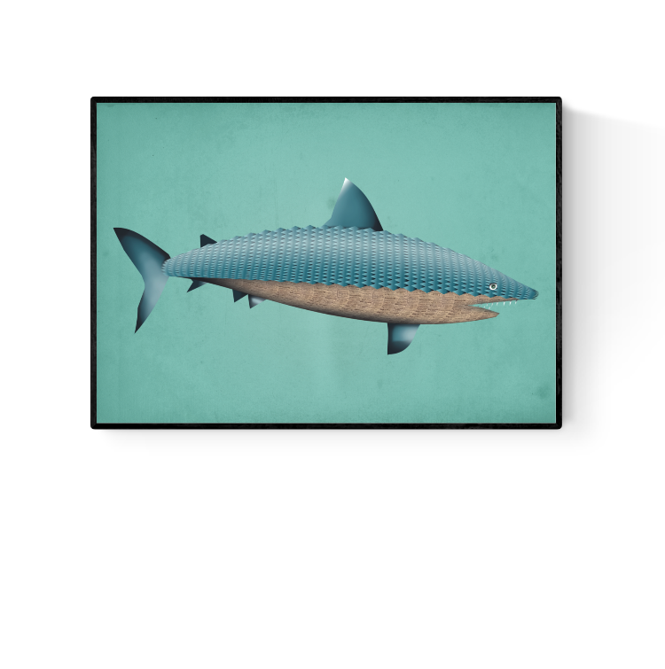 Surreal A4 art print titled Theodore the Shark by Studio Frits, featuring a digitally illustrated shark made from layered textures resembling wicker and newspaper. Set against a turquoise background. Printed in Belgium on 300g paper, perfect for bold and quirky interior decor.