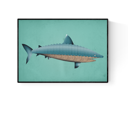 Surreal A4 art print titled Theodore the Shark by Studio Frits, featuring a digitally illustrated shark made from layered textures resembling wicker and newspaper. Set against a turquoise background. Printed in Belgium on 300g paper, perfect for bold and quirky interior decor.