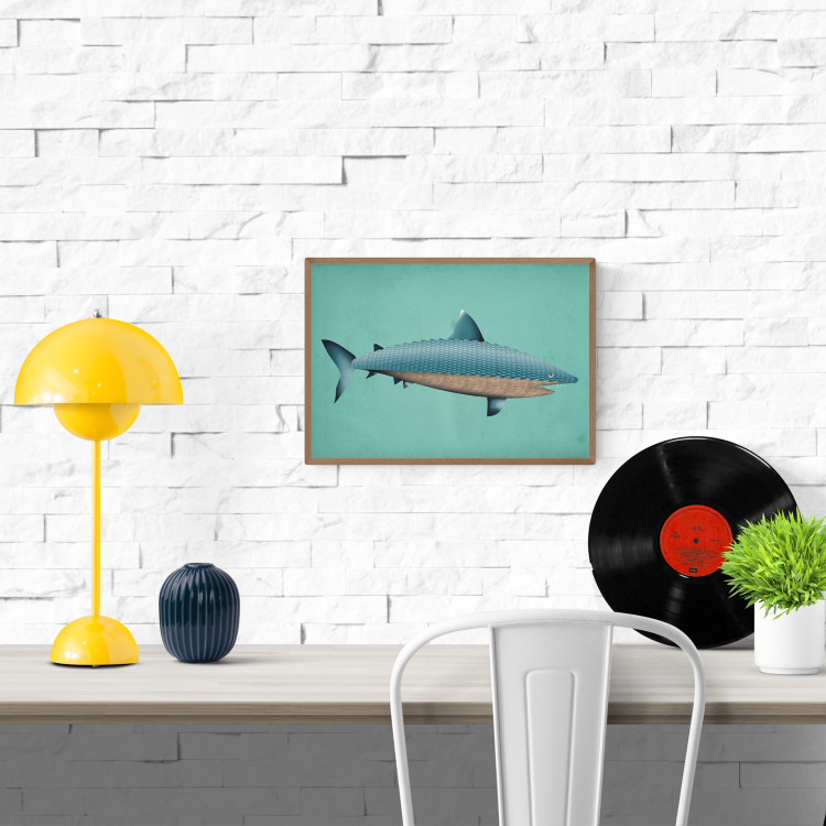 Surreal A4 art print titled Theodore the Shark by Studio Frits, featuring a digitally illustrated shark made from layered textures resembling wicker and newspaper. Set against a turquoise background. Printed in Belgium on 300g paper, perfect for bold and quirky interior decor.