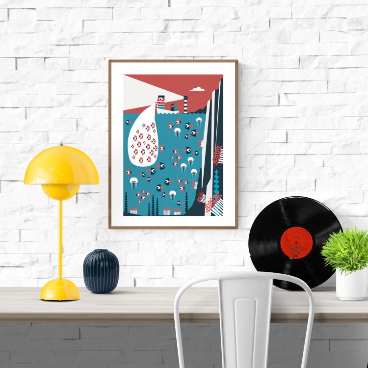 Colorful ocean-themed digital art print titled “Fisherman” by Studio Frits, showing a lighthouse, underwater fish, and jellyfish in retro style with red, teal, and black tones. Available in 30x40 cm and A2.