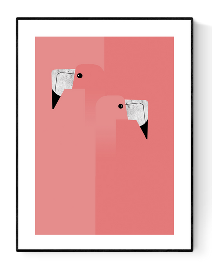 Minimalist flamingo art print by Studio Frits featuring two stylized pink flamingos with geometric shapes and bold black-and-white beaks, perfect for modern and colorful home decor – available at Galerie Frits