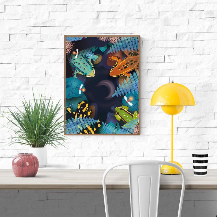 Colorful night scene illustration featuring frogs and a salamander in a tropical forest by Studio Frits – vibrant 30 x 40 cm art print perfect for nature and animal lovers