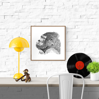 Black and white gorilla illustration by Studio Frits – detailed hand-drawn art print on 30 x 30 cm fine art paper, perfect for modern home decor and animal lovers