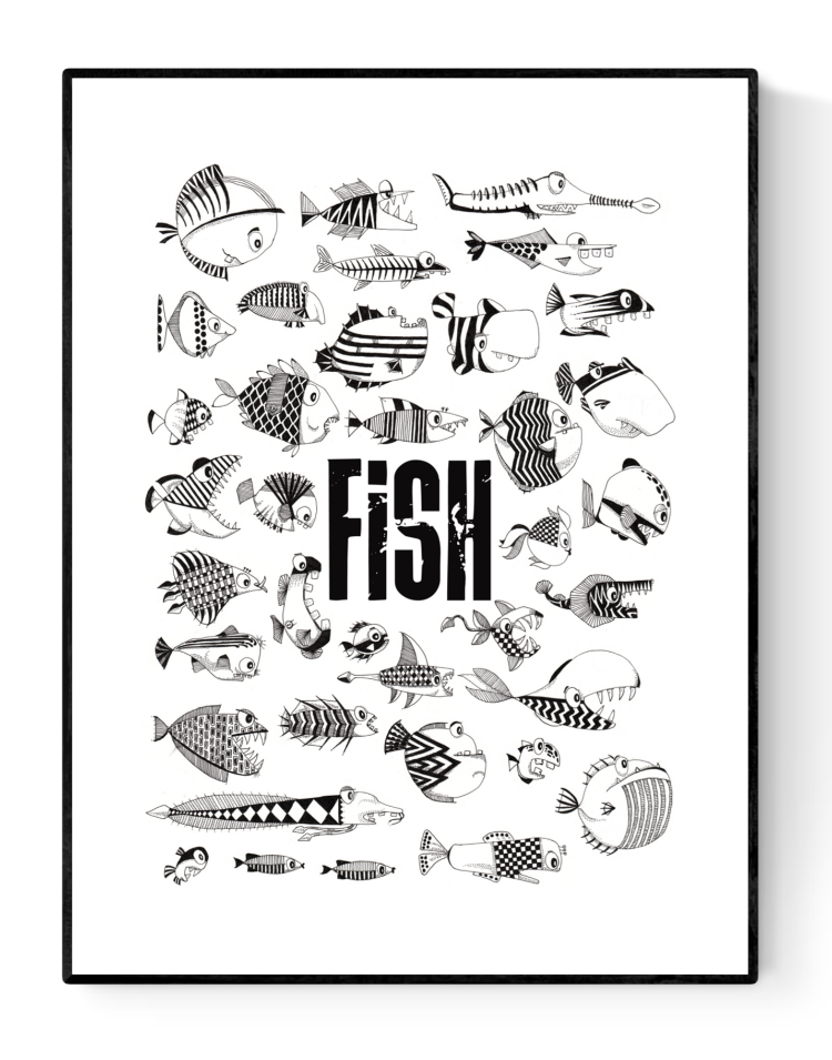 Black and white art print titled 'Fish' by Studio Frits featuring a playful collection of hand-drawn fish with unique patterns and bold typography – whimsical wall decor for kids’ rooms, kitchens, or eclectic interiors