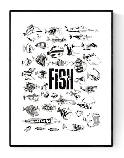 Black and white art print titled 'Fish' by Studio Frits featuring a playful collection of hand-drawn fish with unique patterns and bold typography – whimsical wall decor for kids’ rooms, kitchens, or eclectic interiors