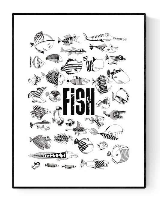 Black and white art print titled 'Fish' by Studio Frits featuring a playful collection of hand-drawn fish with unique patterns and bold typography – whimsical wall decor for kids’ rooms, kitchens, or eclectic interiors