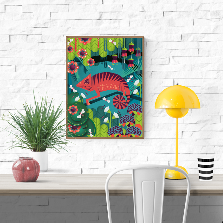Colorful illustration of a red chameleon by Studio Frits, surrounded by vibrant jungle flora and playful insects. Bold modern wall art with tropical vibes, perfect for kids’ rooms, nature lovers, or exotic interior decor. A unique art print celebrating wildlife, color, and whimsical design—available exclusively at Galerie Frits