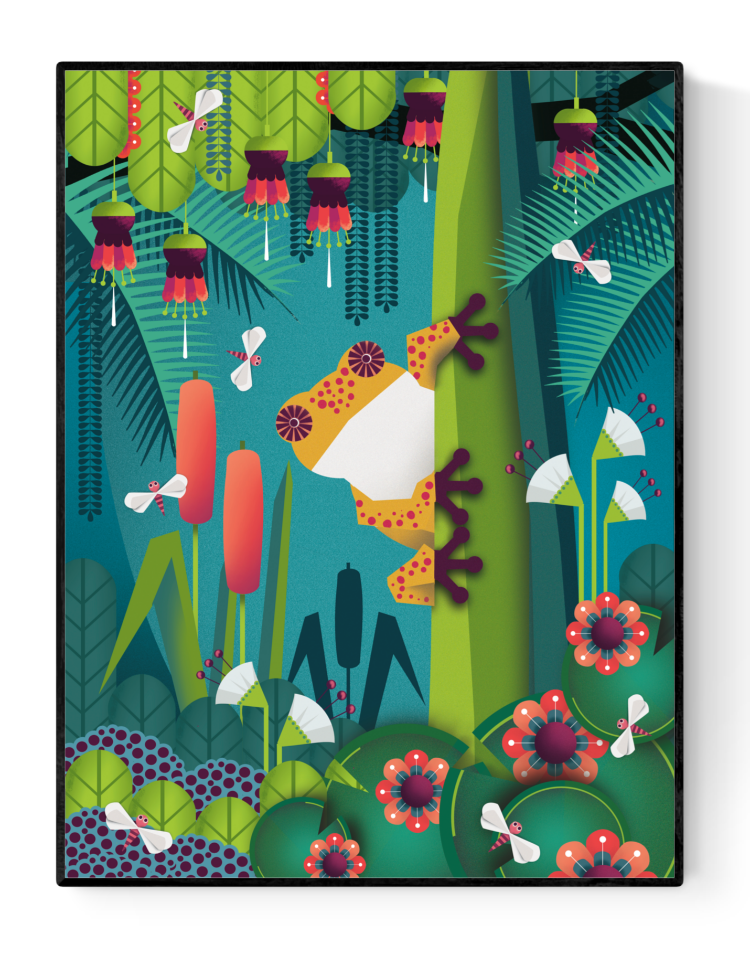 Colorful jungle frog illustration by Studio Frits featuring a vibrant orange frog clinging to a green tree surrounded by exotic tropical plants, flowers, and playful insects – whimsical wall art for nature and animal lovers.