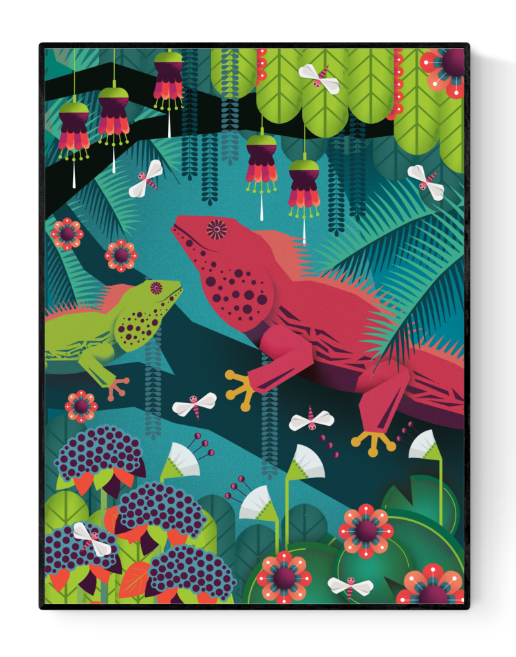 Colorful illustration of two iguanas in a vibrant jungle, surrounded by tropical plants, flowers, and insects – bold, graphic art print titled "Iguanas" by Studio Frits, perfect wall decor for nature and animal lovers.