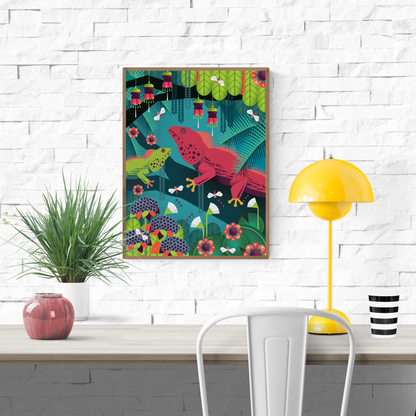 Colorful illustration of two iguanas in a vibrant jungle, surrounded by tropical plants, flowers, and insects – bold, graphic art print titled "Iguanas" by Studio Frits, perfect wall decor for nature and animal lovers.