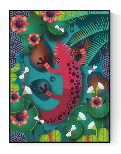 Whimsical art print of a red salamander in a lush jungle with tropical leaves and bold flowers by Studio Frits – colorful 30 x 40 cm illustration made in Belgium.