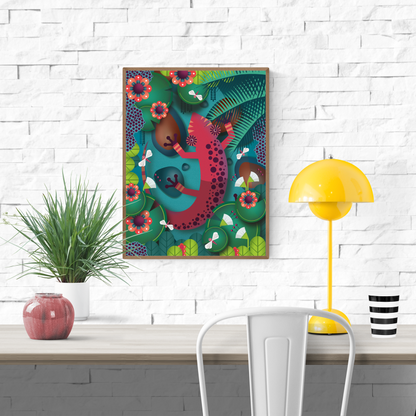 Whimsical art print of a red salamander in a lush jungle with tropical leaves and bold flowers by Studio Frits – colorful 30 x 40 cm illustration made in Belgium.
