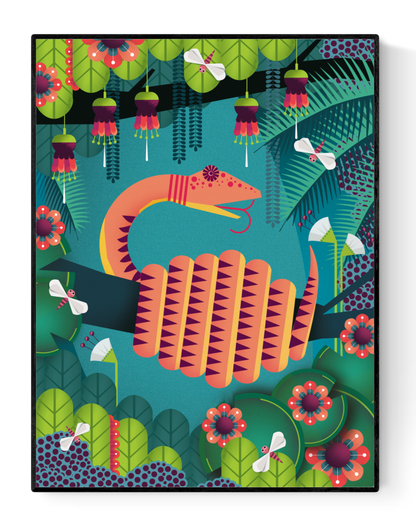 Colorful illustration of a snake curled around a jungle branch, surrounded by tropical plants and insects – Snake by Studio Frits, bold graphic art print on 350g paper, perfect for adding exotic flair to modern interiors.