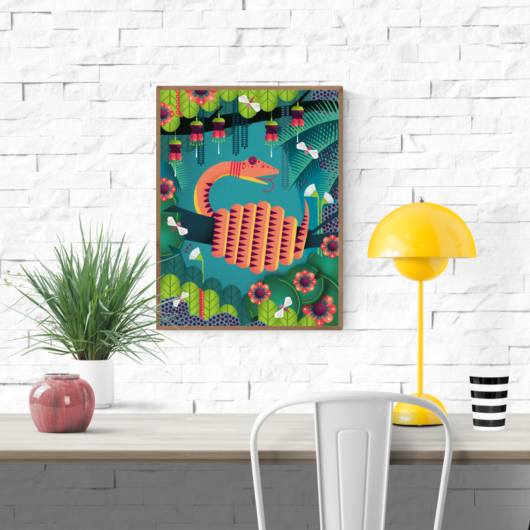 Colorful illustration of a snake curled around a jungle branch, surrounded by tropical plants and insects – Snake by Studio Frits, bold graphic art print on 350g paper, perfect for adding exotic flair to modern interiors.