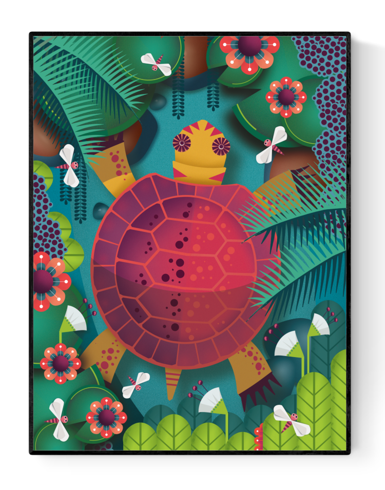 Colorful 30 x 40 cm print titled Turtle by Studio Frits, featuring a stylized turtle in a lush jungle filled with tropical plants, bold flowers, and dragonflies. Printed on 350g paper in Belgium and packed in a protective sleeve with cardboard backing. Fun and vibrant digital artwork for nature and animal lovers.