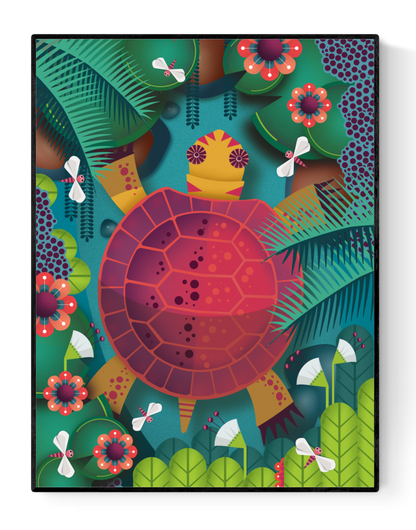 Colorful 30 x 40 cm print titled Turtle by Studio Frits, featuring a stylized turtle in a lush jungle filled with tropical plants, bold flowers, and dragonflies. Printed on 350g paper in Belgium and packed in a protective sleeve with cardboard backing. Fun and vibrant digital artwork for nature and animal lovers.