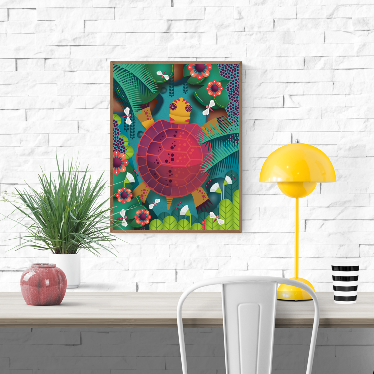 Colorful 30 x 40 cm print titled Turtle by Studio Frits, featuring a stylized turtle in a lush jungle filled with tropical plants, bold flowers, and dragonflies. Printed on 350g paper in Belgium and packed in a protective sleeve with cardboard backing. Fun and vibrant digital artwork for nature and animal lovers.