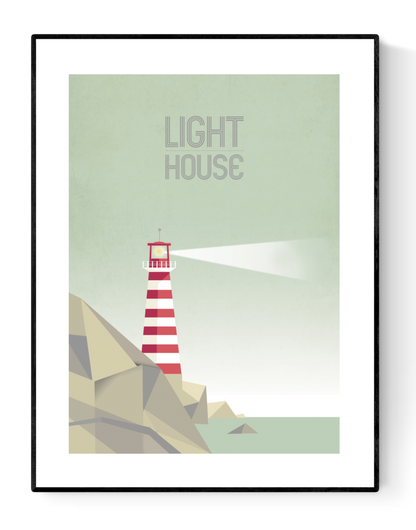 Modern lighthouse illustration art print by Studio Frits – 30x40 cm print of a red-and-white striped lighthouse on rocky cliffs with soft pastel sea and sky; minimalist geometric design, printed in Belgium.