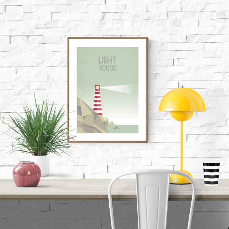 Modern lighthouse illustration art print by Studio Frits – 30x40 cm print of a red-and-white striped lighthouse on rocky cliffs with soft pastel sea and sky; minimalist geometric design, printed in Belgium.