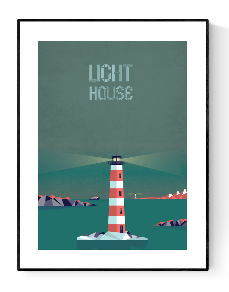 Illustration of a lighthouse at night by Studio Frits – 30x40 cm geometric art print featuring a red-and-white striped lighthouse over calm sea under a dark green sky, digitally illustrated in Belgium.