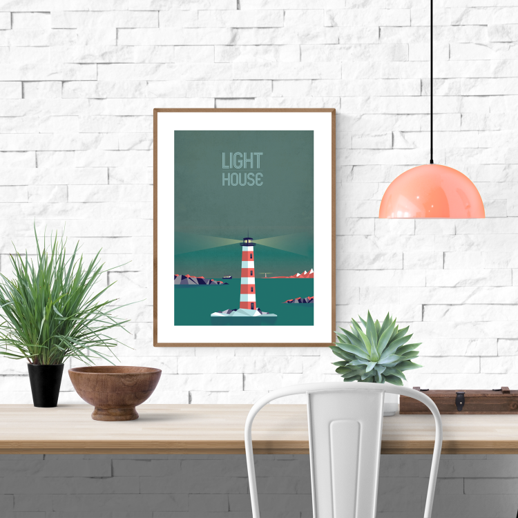 Illustration of a lighthouse at night by Studio Frits – 30x40 cm geometric art print featuring a red-and-white striped lighthouse over calm sea under a dark green sky, digitally illustrated in Belgium.