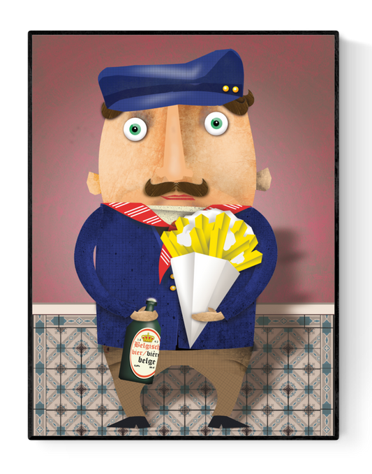 Humorous illustration of a mustached Belgian man holding a cone of fries and a bottle of Belgian beer, wearing a sailor cap and blue jacket, standing on patterned tiles – art print by Studio Frits.