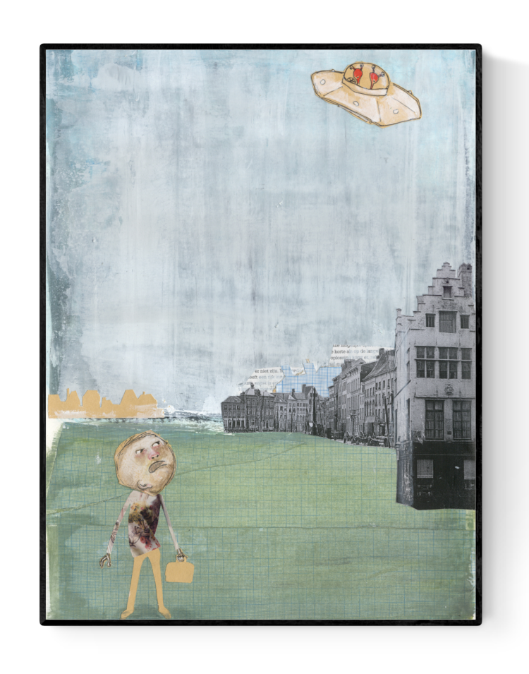 Surreal art print of Mister Humprey standing on a green field under a UFO, with vintage city buildings in the background, illustrated by Studio Frits in collage style. Printed on 300g paper and made in Belgium.