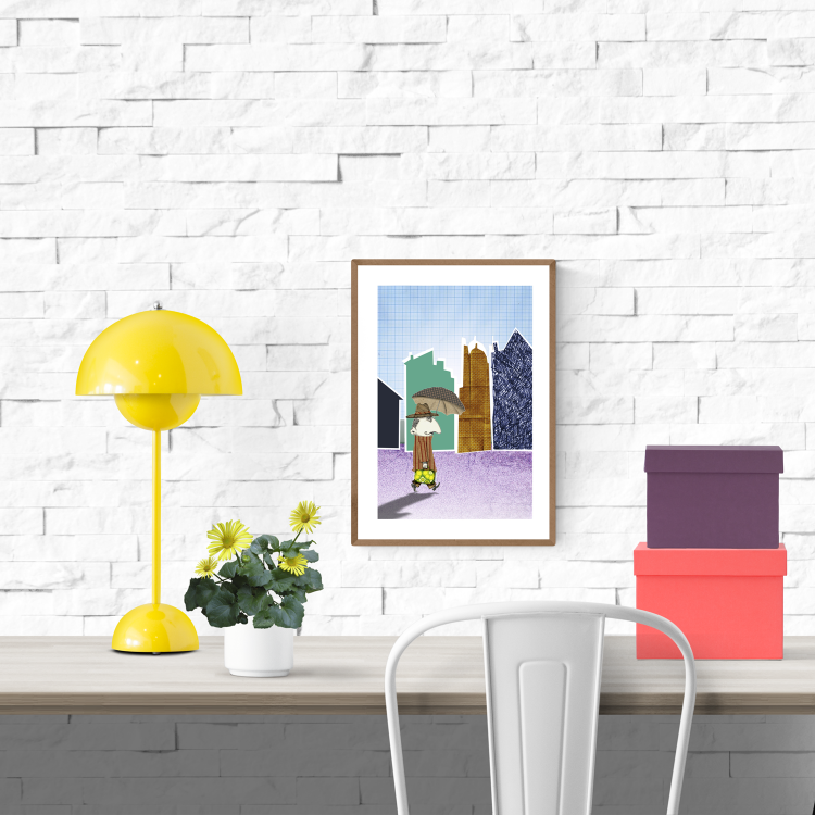 Playful art print of Mister Jenkins walking through a stylized city with a yellow suitcase and umbrella, illustrated by Studio Frits. Printed on A4 300g paper, made in Belgium.