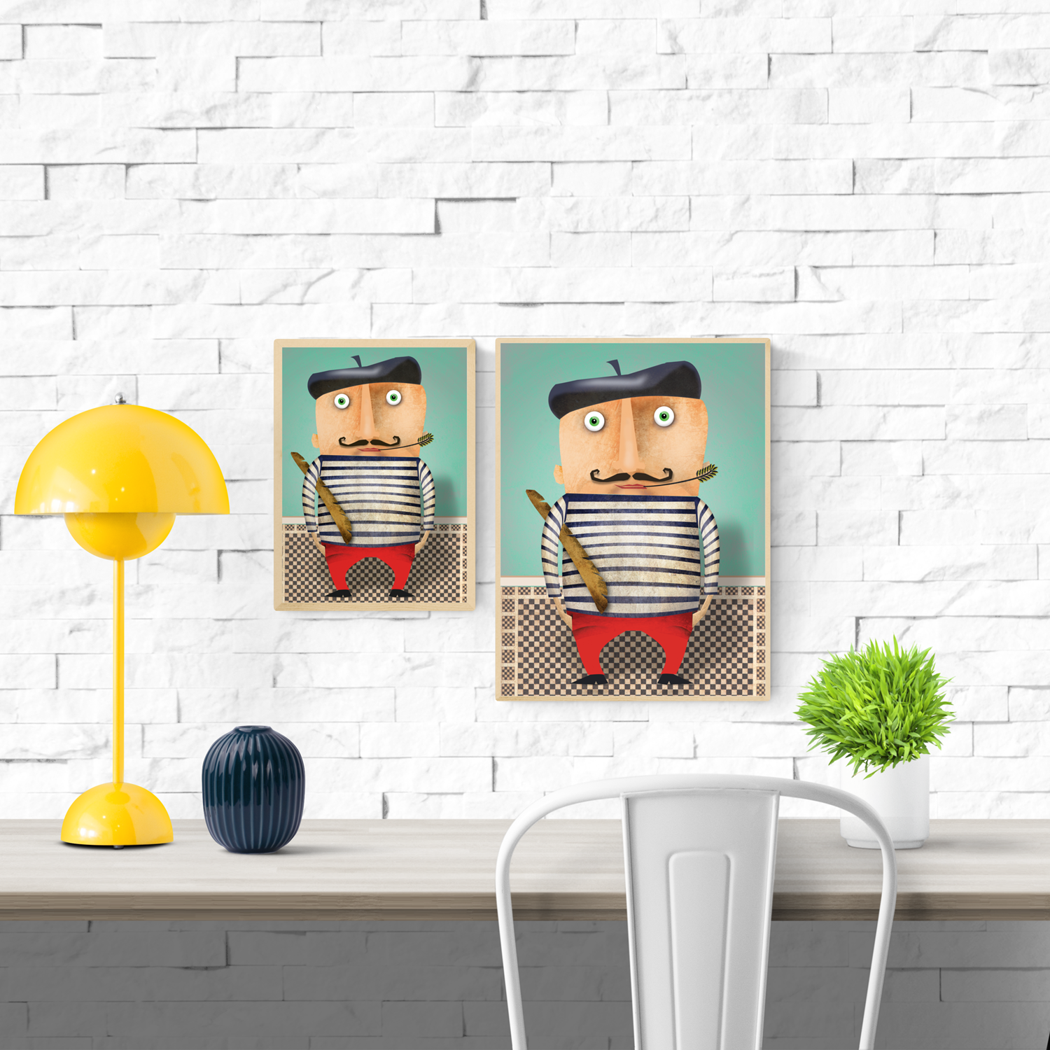 Colorful illustration of a French caricature man in a striped shirt and red pants, holding a baguette and wearing a beret, by Studio Frits – perfect for wall decor and cultural lovers.