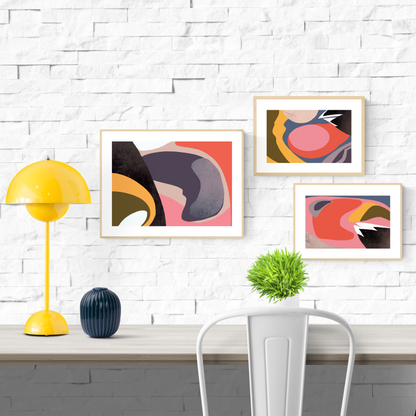 A modern abstract art print from the Mermaids Abstract series by Studio Frits, featuring bold organic shapes in earthy and coral tones, printed on premium 300g paper. Contemporary Belgian wall art set, ideal for minimalist interiors.