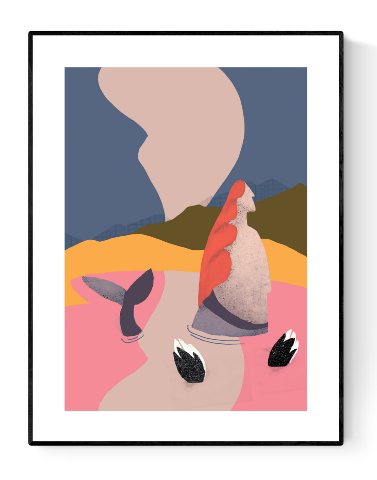 A set of three modern mermaid-themed illustrations by Studio Frits, featuring abstract sirens in bold red, pink, and earth tones, printed on 30 x 40 cm fine art paper. Perfect wall art for modern interiors and design lovers.